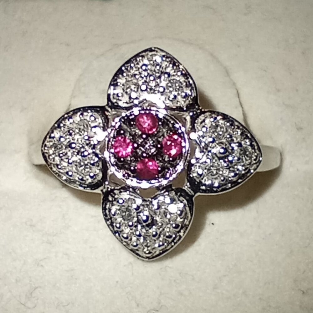 14Kt White Gold Ruby & Diamond Flower Ring